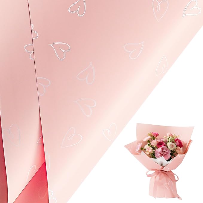LeZakaa 20 Sheets Valentine Flower Wrapping Paper, Pink with White Heart Pattern Waterproof Floral Bouquet Paper, for Valentines, Mothers Day, Party, Romantic Birthday, Wedding, Anniversary