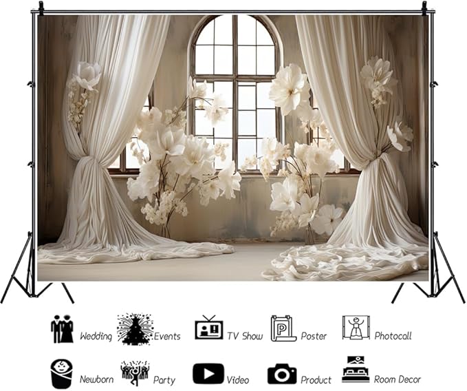 20x10ft Wedding Party Decorations Banner Backdrop Wedding Reception Photography Backdrop White Floral Flowers Curtains French Frame Photo Backgrounds Baby Shower Photo Shoot Portraits Props