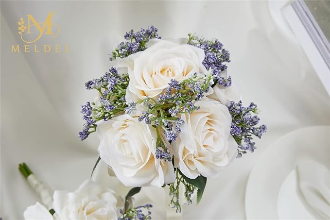 Meldel 6.5 Inch Ivory Bridesmaid Bouquet, Set of 6, Purple Wedding Bouquets for Bridesmaids, Small White Bridesmaids Bouquets