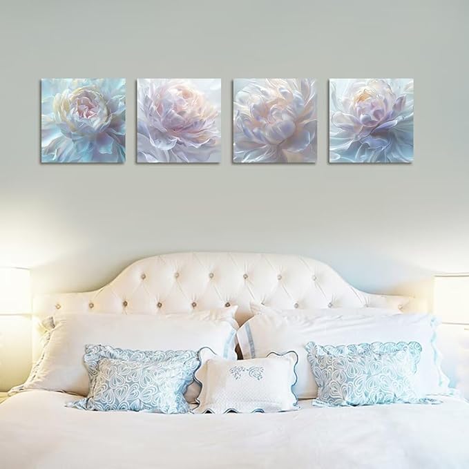 White Flower Canvas Wall Art Floral Pictures Prints Abstract Flower Wall Decor for Living Room Bedroom Bathroom Office Home Decorations Framed Artwork Ready to Hang (24''W x 24''H x 4)