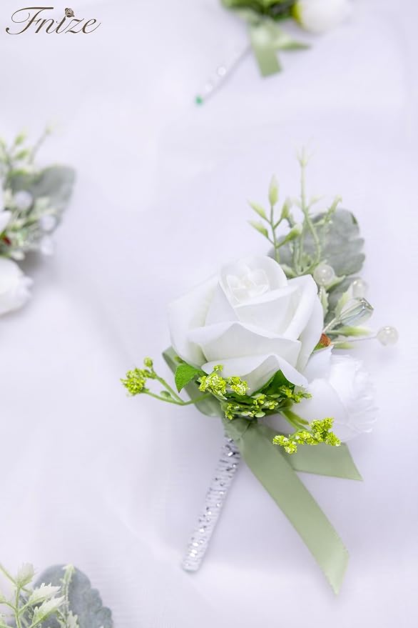 Fnize White Boutonniere for Men, 6 Pcs Groom Groomsmen Boutonnieres, Artificial Flowers for Wedding Prom Homecoming