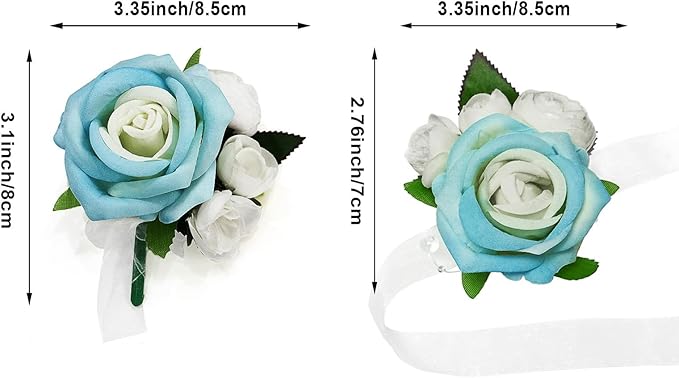 Wrist Corsage and Boutonniere Set, Artificial Rose Corsage Wristlet and Boutonniere for Wedding Prom Party (Blue, 4pcs)