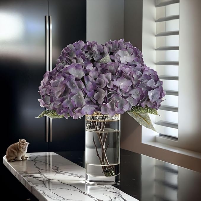 2Bouquets Artificial Fake Flowers Plants Silk Hydrangea Arrangements Wedding Bouquets Decorations Plastic Floral Home Kitchen Garden Party Festival Bar DIY (Grey Purple)