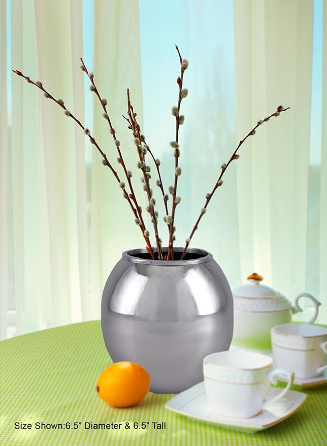 Serene Spaces Living Alerra Stainless Steel Vase, Round Modern Silver Flower Vase, Minimalist Metal Accent for Home, Office, Wedding, or Event Centerpieces, Ideal Gift, 6.5" Diameter & 6.5" Tall