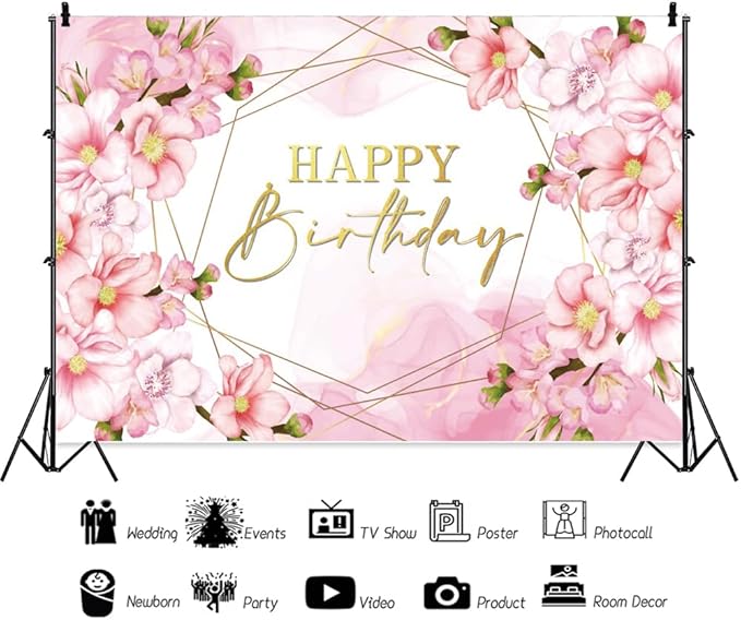 ChloropLastid 12x8ft Floral Happy Birthday Backdrop for Girls Pink Blooming Floral Birthday Party Decorations Photography Background Watercolor Flowers Women Birthday Party Decor Banner Photo Props