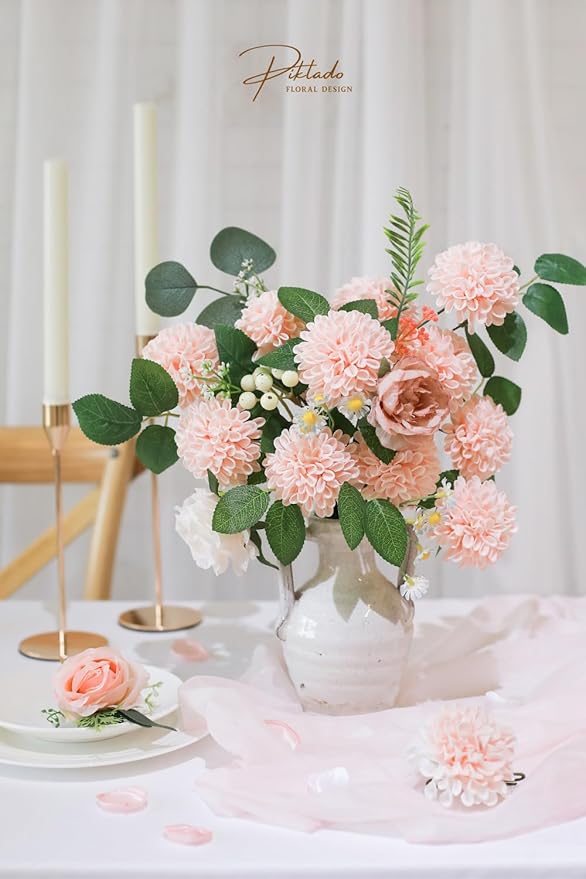 Faux Wedding Dahlia Flowers 25 Pink Roses with Stems for DIY Wedding Decor Centerpiece Arrangement Bouquet (Blush)