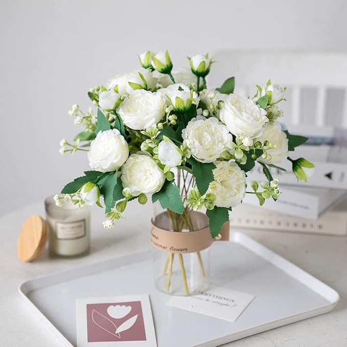 Floweroyal 8 Bunches Peony Artificial Flowers White Flowers Silk Peonies Bouquets for Wedding Party Table Centerpieces Floral Arrangement Home Kitchen Decor