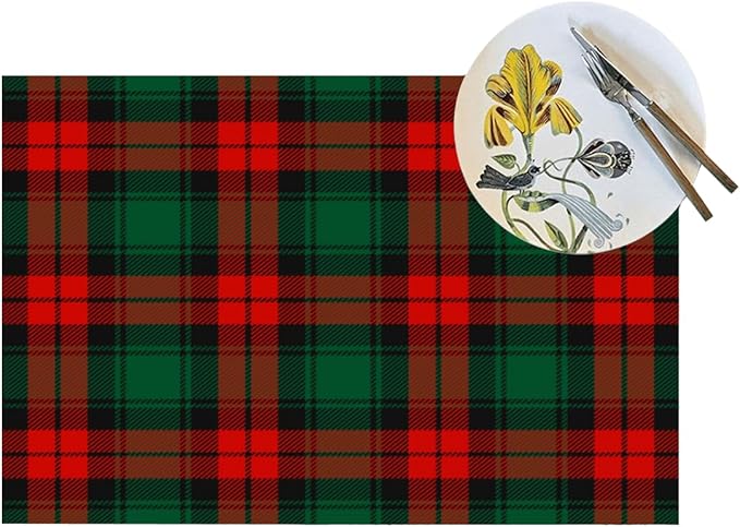 PVC Placemats Set of 4 Wipeable Table Mats Washable Heat Resistant Non Slip Vinyl Dining Table Mat for Kitchen Indoor Outdoor Patio Farmhouse Place Mats Christmas Green Red Grid Decorative