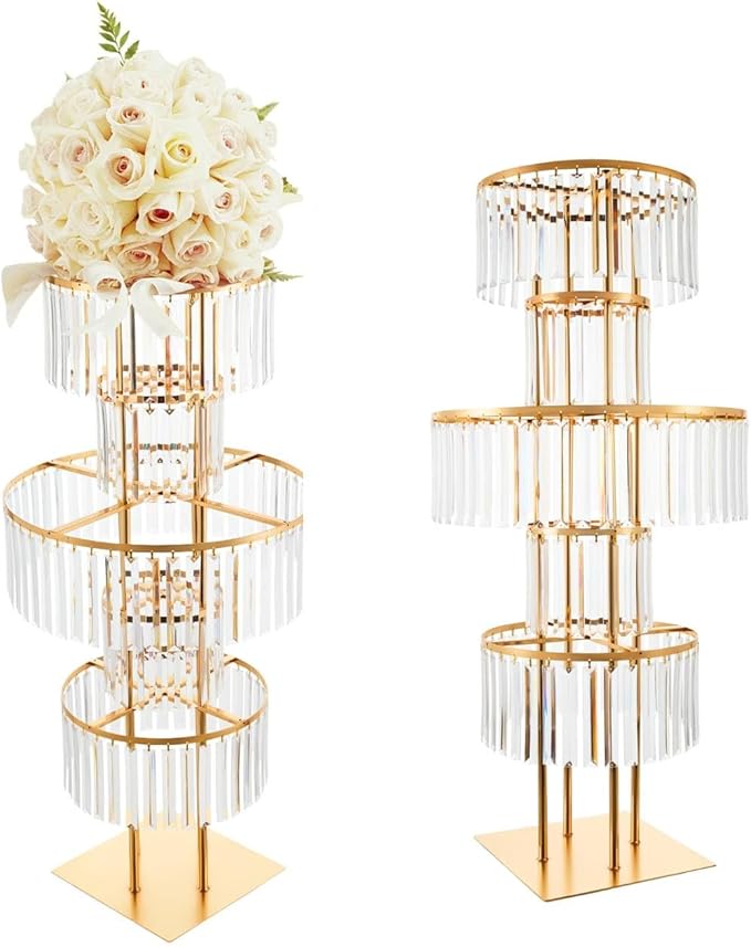 Wedding Gold Vases Centerpieces Crystal Flower Stand with Hanging Crystals, 5 Tier Round Chandelier Pedestal Stand,Crystal Wedding Flowers Stand,Perfect for T-Stage Wedding Party Hotel Decor
