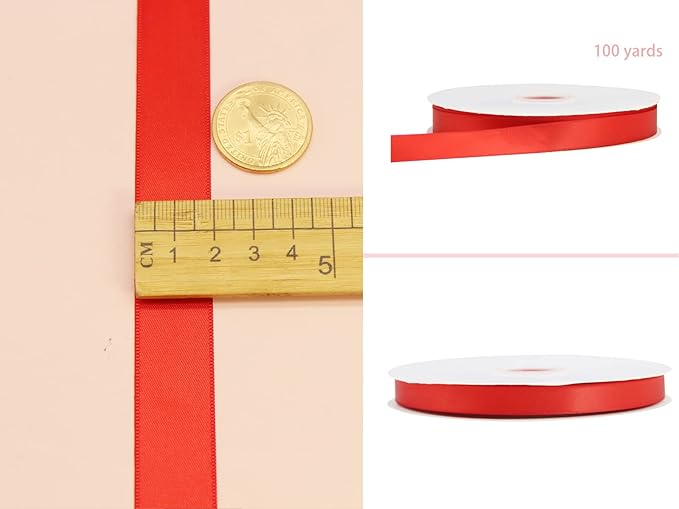 Red Double Faced Satin Ribbon 7/8 Inch - 100 Yards Continuous Soft Gift Wrapping Package Ribbon for Invitations, Flower Bouquets, Weddings, Bows, Hair Decoration, Valentine's Day, and Mother's Day