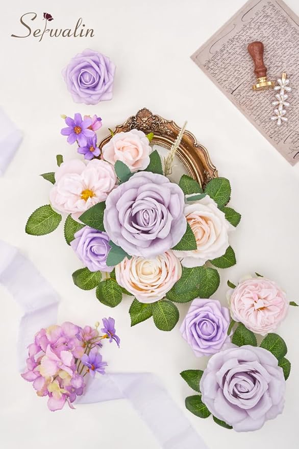 Serwalin Artificial Flowers Fake Silk Flowers Combo Realistic Mixed Roses Box for DIY Wedding Bridal Bouquets Centerpieces Arrangements Faux Flowers with Stems Home Party Decoration, Pink&Lilac