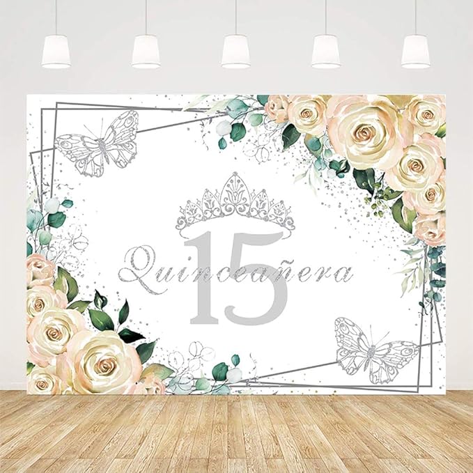 Sendy 7x5ft Quinceañera Backdrop Mis Quince 15 Anos Birthday Party Decorations Supplies for Girl Princess White Floral Silver Crown Butterfly Photography Background Banner Photo Booth Studio Props