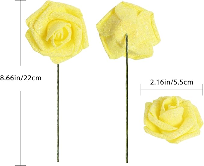 Yellow Glitter Roses 30 PCS Foam Flowers Glitter Roses with Stem Artificial Flowers for DIY Wedding Bridal Bouquet Party Centerpieces Decor(Yellow)