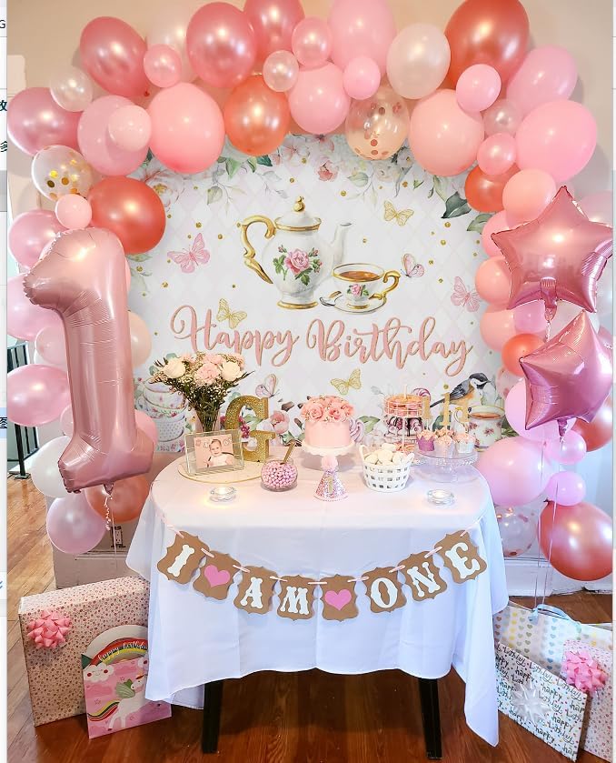 Mocsicka Tea Party Happy Birthday Backdrop Floral Princess Tea Birthday Party Decorations Kids Wonderland Let's Partea Dessert Caketable Banner Photo Booth (8x6ft)