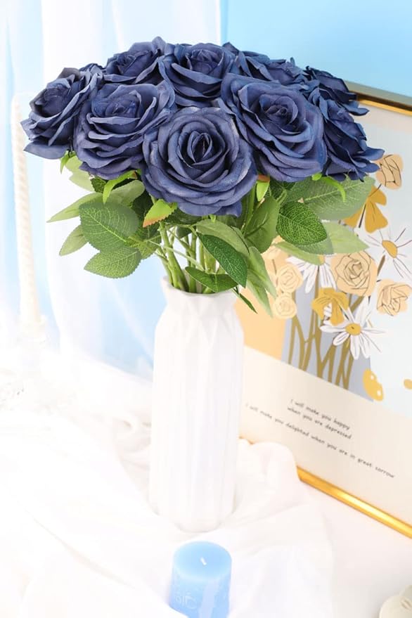 Artificial Rose Flower 12Pcs Navy Blue Rose Fake Rose Silk Rose Real Looking Fake Flowers with Stems for DIY Wedding Bouquets Tables Centerpieces Floral Arrangements Festival Decoration