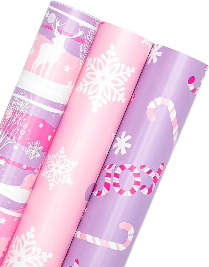 WRAPAHOLIC Christmas Wrapping Paper Roll - Mini Roll - 3 Rolls - 17 Inch X 120 Inch Per Roll - Pastel Pink and Purple Reindeer, Candy Cane with JOY, Snowflake Holiday Collection