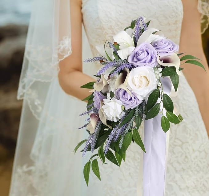 Wedding Bouquet,11 Inch Bridal Bouquet Cascading Wedding Bouquets for Bride for Wedding Ceremony and Anniversary(Lilac & White)