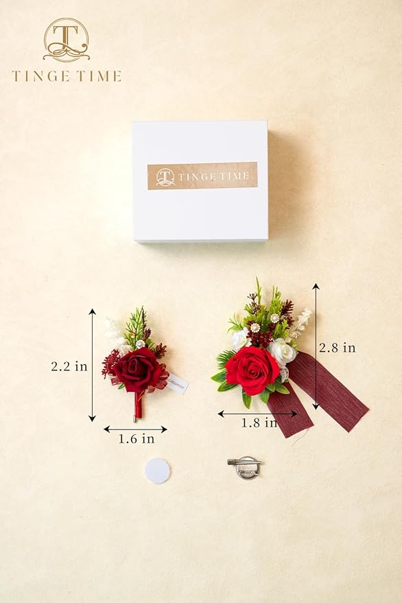 TINGE TIME Red Corsage and Boutonniere Set, Prom Flower Wrist Corsage Bracelets, Boutonniere for Men Wedding Flowers Accessories Prom Suit Decorations