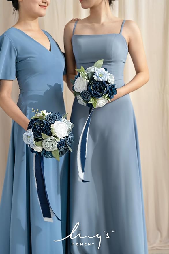Ling's Moment Artificial Flowers Dusty Blue & Navy Blue Bridesmaid Bouquet Set of 4, Wedding Flowers Bouquets for Bridesmaids, 7 Inch Bridal Bouquets for Bridesmaids, Wedding Decor, Ceremony, etc