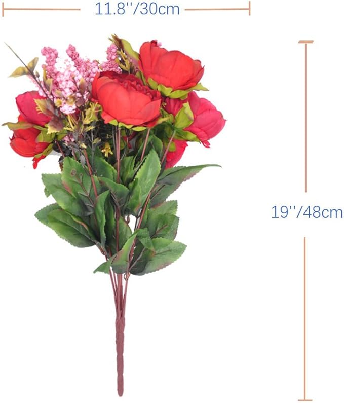2pcs Artificial Peony Bouquets,19 Inch Silk Peony Bunch with 7 Faux Flowers,Classical Style Artificial Flowers with Leaves and Ornaments for Wedding,Home Décor Centerpieces(Red)