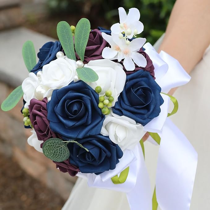Lightweight Bridal Wedding Bouquet Round Holding Bouquet Throw Toss Artificial Rose Flower Bunch for Bride Bridesmaid Wedding Quinceanera (White, Navy & Dark Puce, 6.7")