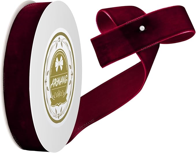 Burgundy Velvet Ribbon - 1 inch x 10 Yards for Gift Wrapping, Crafts, Christmas Decor, Bow Making, Vintage Fabric Wine Red Velvet on The Spool for DIY