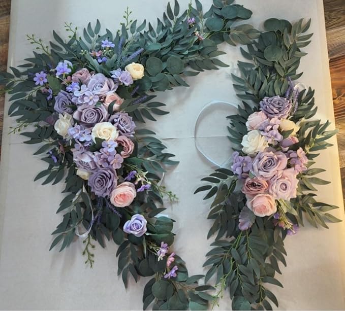 Wedding Arch Flowers with Drapes Kit (Pack of 4) - 2pcs Artificial Lilac Deluxe Swag with 2pcs Sheer Drapes for Wedding Ceremony Arbor Reception Backdrop Rose Floral Decoration