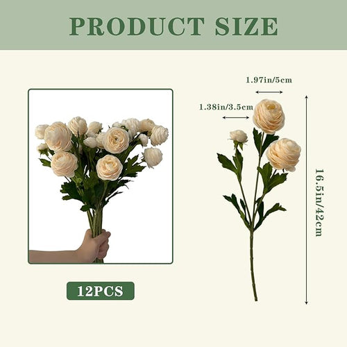 12Pcs Artificial Ranunculus Flowers – 36 Head 16.5" Silk Ranunculus Flowers Bouquets for Home Decor, Wedding Bridal Shower Centerpieces, and DIY Floral Arrangements (Champagne)