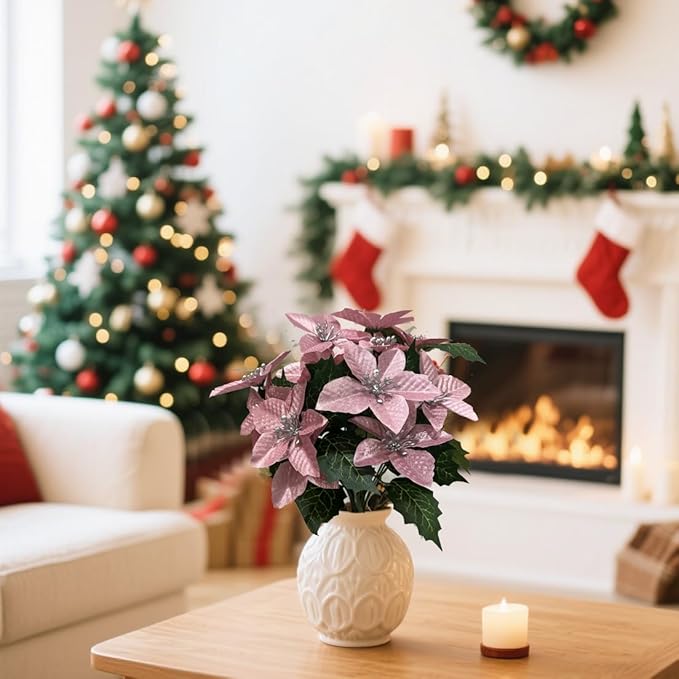6 Pack Pink Christmas Artificial Poinsettia Flowers Faux Poinsettia Bush Bouquets Silk Poinsettia Christmas Tree Ornaments Poinsettia Flower Arrangement for Home Decor