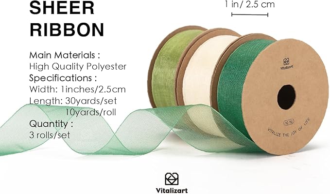 Vitalizart Green & Cream Ribbon Organza Sheer Ribbon 1 inch x 30 Yd Handmade Fabric Ribbons for Gift Wrapping Christmas Tree Crafts Bows Wedding Invitations Wreaths Wrap Sage Emerald