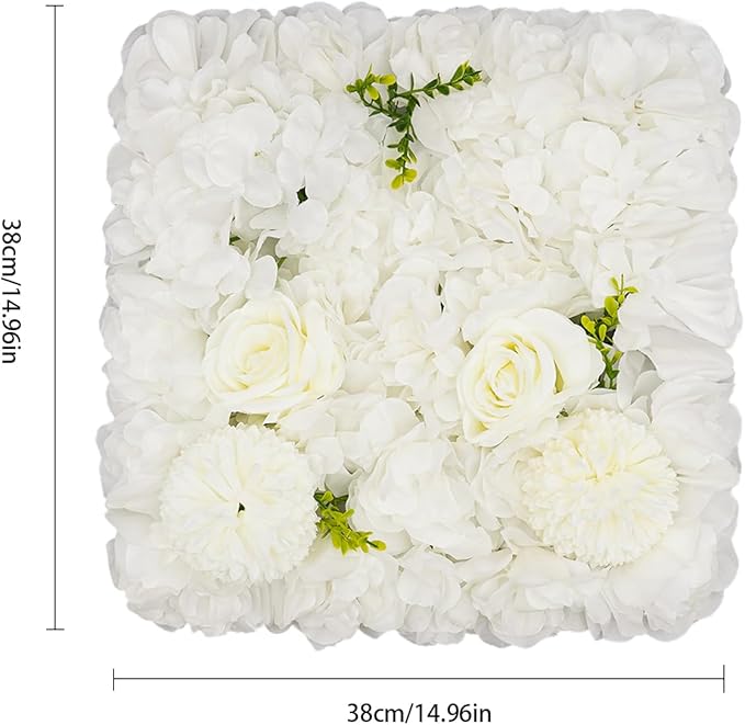 Flower Wall Panel Set,White Artificial Wall Flower Backdrop,12 Pcs 15" X 15" 3D Silk Hydrangea Rose Floral Panel,Faux Roses Artificial Flower Backdrop for Wall Decor