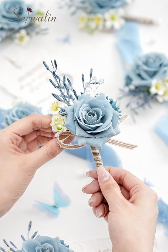 Serwalin 6PCS Boutonniere for Men,Groom and Best Man Boutonnieres for Wedding Decor Prom Anniversary Homecoming Flowers Formal Dinner Party (Blue & Dusty Blue)