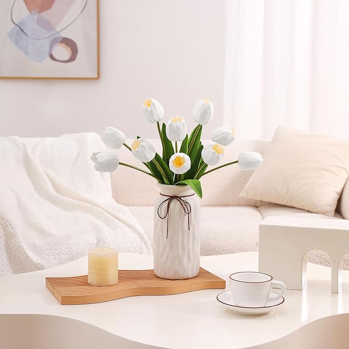 10PCS Artificial 18.5" Long Stem White Tulips Bouquet PU Flowers, Fake 6 Color Tulip Faux Flowers with Bendable Stems for Floral Table Wedding Home Decor