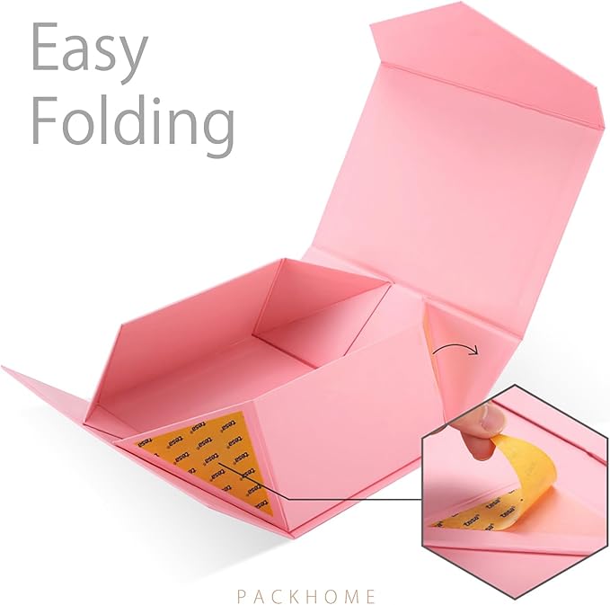 PACKHOME Gift Box 9x6.5x3.8 Inches, Rectangle Collapsible Box with Magnetic Lid for Gift Packaging (Matte Pink, Grain Texture)