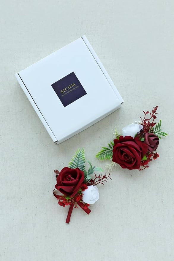 Red Corsage and Boutonniere Set, Prom Wedding Homecoming Wrist Corsage Wristlet and Boutonniere Set for Grooms Groomsmen Guest Bridal Bridesmaid Artificial Flower Suit Decoration