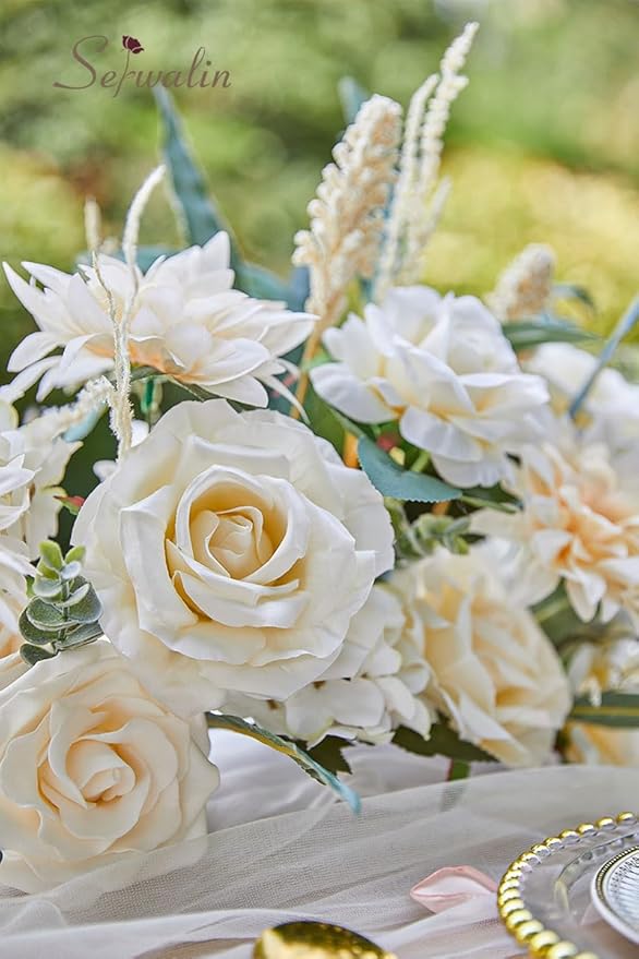 Serwalin Artificial Flowers Beige Champagne Fake Silk Flowers for DIY Wedding Bridal Bouquets, Boho Wedding Cake Flowers for Table Centerpieces Arrangements Party Baby Shower Home Decorations