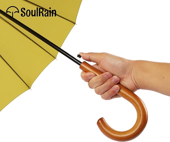 SoulRain 16 Ribs 48" Stick Umbrella Auto Open Solid Color Fashionable and Simple，Arc Classic Wood Handle，Windproof Unbreakable Stick Rain Umbrella