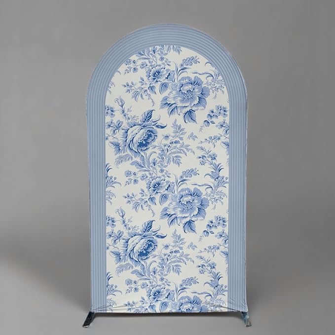 Blue and White Floral Arch Backdrop Cover Vintage Peony Arch Stand Spandex Cover Elegant Toile de Jouy Wedding Baby Shower Birthday Party Decoration French Country Style Background (G4229,5FT)