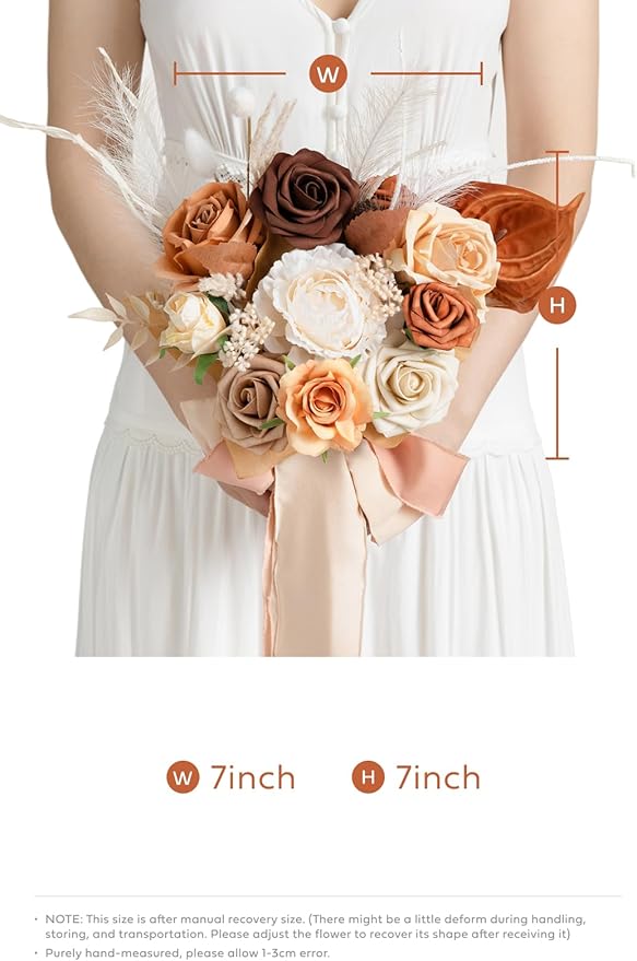 Ling's moment Artificial Flowers Boho Bridesmaid Bouquet Set of 4, Rust Wedding Flowers Bouquets for Bridesmaids, 7 Inch Bridal Bouquets for Bridesmaids, Wedding Decor, Ceremony, etc