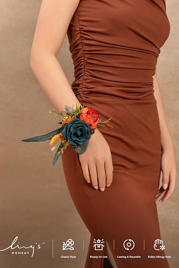 Ling's moment 6pcs Wedding Wrist Corsage Artificial Flowers, Girl/Mother Homecoming Prom Corsages Wristlet Décor, etc. Teal Orange Terracotta