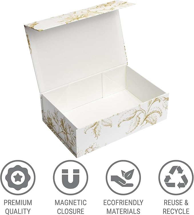 Luxury Keepsake Gift Box 3-Pack | Gold Floral Decorative Boxes with Magnetic Lids for Presents, Wedding Memory Box, and Bridal Gifts. 11.5" x 7.5" x 3.5"