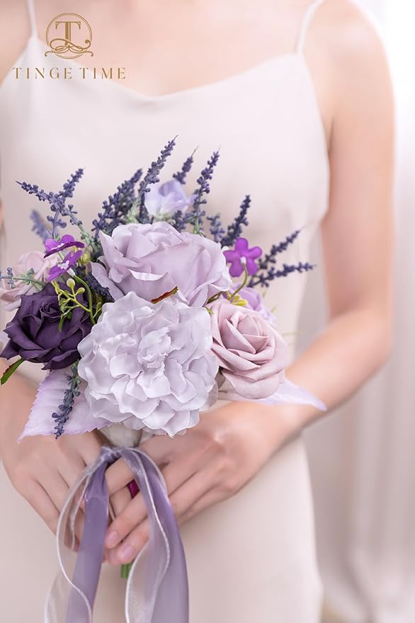 TINGE TIME 7 Inch Artificial Flowers Wedding Bouquets for Bridesmaid, Set of 4, Lavender Bride Tossing Bouquet for Rustic Wedding Ceremony Bridal Shower Rehearsal Dinner Vintage Party