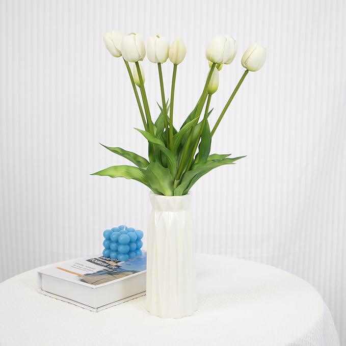 10 Pack Real Touch Tulips Artificial Flowers, 15.7 Inch Bendable Latex Tulips - No Maintenance Faux Flowers for Vase, Home Decor, Wedding Centerpiece (White)