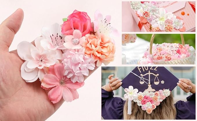 70 pcs Mini Artificial Flowers Heads Pink Silk Peony Daisy Rose Bulk Mix Flower Heads Faux Rose for Crafts Graduation Wedding Baby Shower DIY Home Party Decoration
