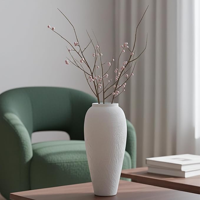 Vintage Ceramic Vase, Minimalist Texture Stone Patterned White Flower Vase, Decorative Vase for Living Room Shelf Farmhouse Dining Table Centerpiece Decor (White Texture 12.6'')