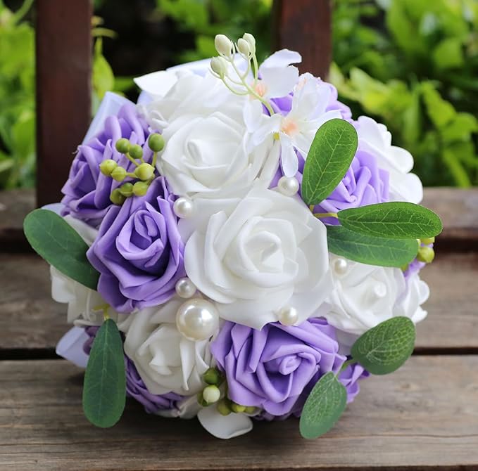 Lightweight Bridal Wedding Bouquet Round Holding Bouquet Throw Toss Artificial Rose Flower Bunch for Bride Bridesmaid Wedding Quinceanera (White & Mid Purple, 6.7")