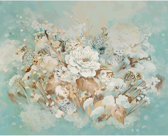 Vintage Floral Wall Mural – Large White Peony Bloom on Blue Background, Removable Peel and Stick Wallpaper for Dining Room, Living Room, or Bedroom Decor