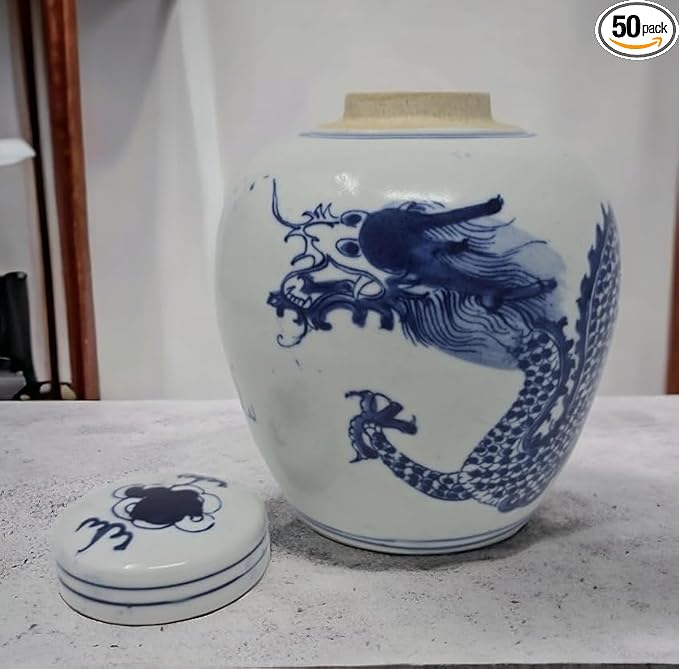 Festcool Retro Antique Like Style Blue and White Porcelain Dragon Ceramic Covered Jar Vase, China Ming Style, Jingdezhen (6.5 inches H)