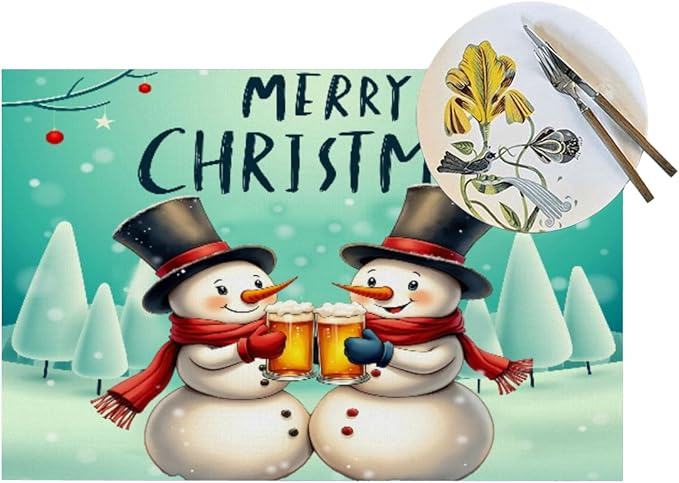 PVC Placemats Set of 4 Wipeable Table Mats Washable Heat Resistant Non Slip Vinyl Dining Table Mat for Kitchen Indoor Outdoor Patio Farmhouse Place Mats Christmas Snowman Beer Decorative