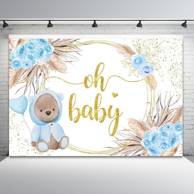 15x10ft Baby Shower Backdrop Oh Baby Photography Background Bear Blue Flowers Boho Leaves Heart Balloon Gold Dots Kid Birthday Party Banner Decorations Newborn Gender Reveal Photo Booth Prop